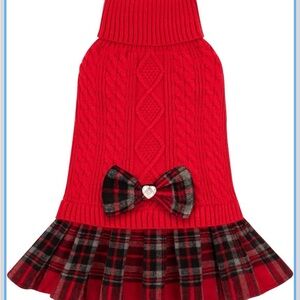 Red Plaid Bow Knit Dog Dress - Festive Sweater Skirt